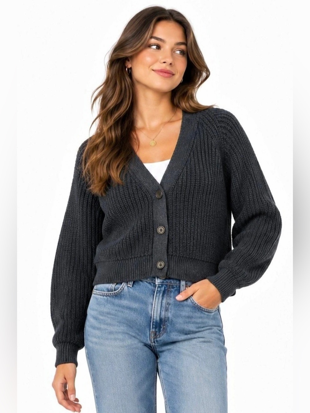 Everlane M Charcoal Chunky Knit Cropped V Neck Cardigan Sweater